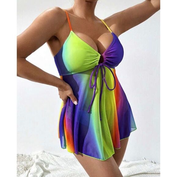 Y2K Rainbow Ombre Mermaidcore Cosplay Drawstring Bikini Cami Swimsuit Set - Picture 9 of 11